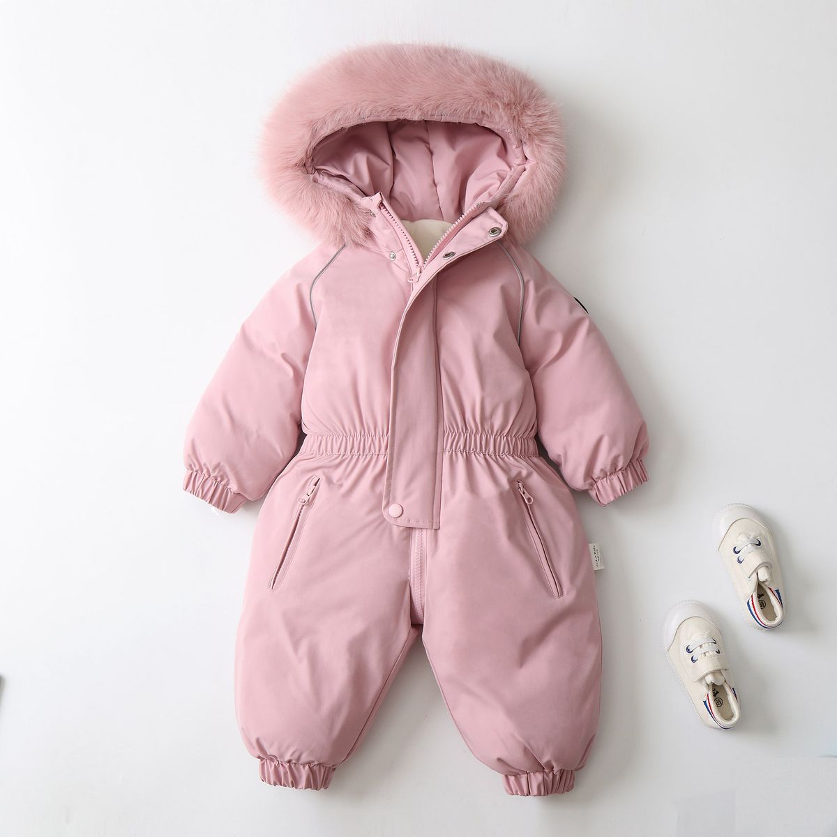 Color-Block Fleece-Lined Hooded Snowsuit For Toddlers - Winter Thermal One-Piece Jumpsuit With Zipper, Soft Polyester, Unisex (80-120cm)_desvips.com
