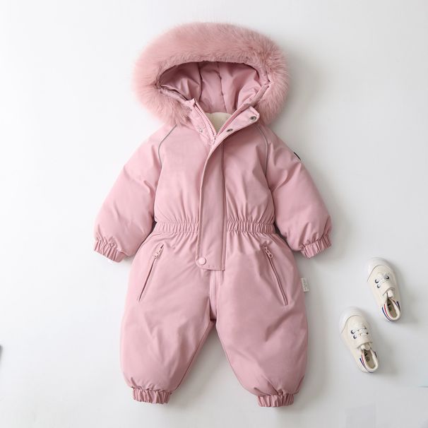 Color-Block Fleece-Lined Hooded Snowsuit For Toddlers - Winter Thermal One-Piece Jumpsuit With Zipper, Soft Polyester, Unisex (80-120cm)_desvips.com
