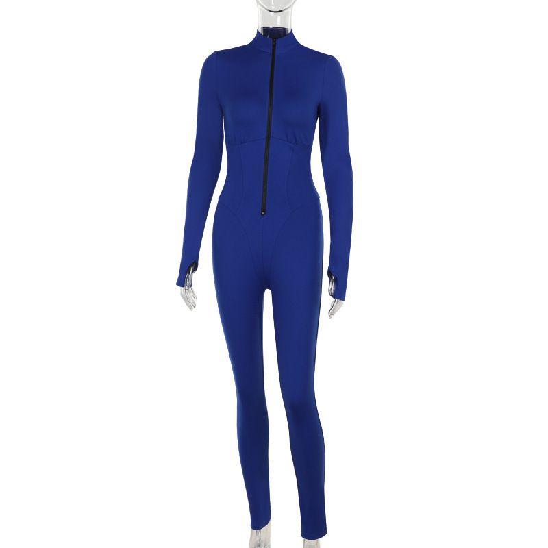Slim-Fit High-Waisted Jumpsuit With Long Sleeves - Comfortable & Stylish One-Piece Outfit For Women (Blue, S/M/L)_desvips.com