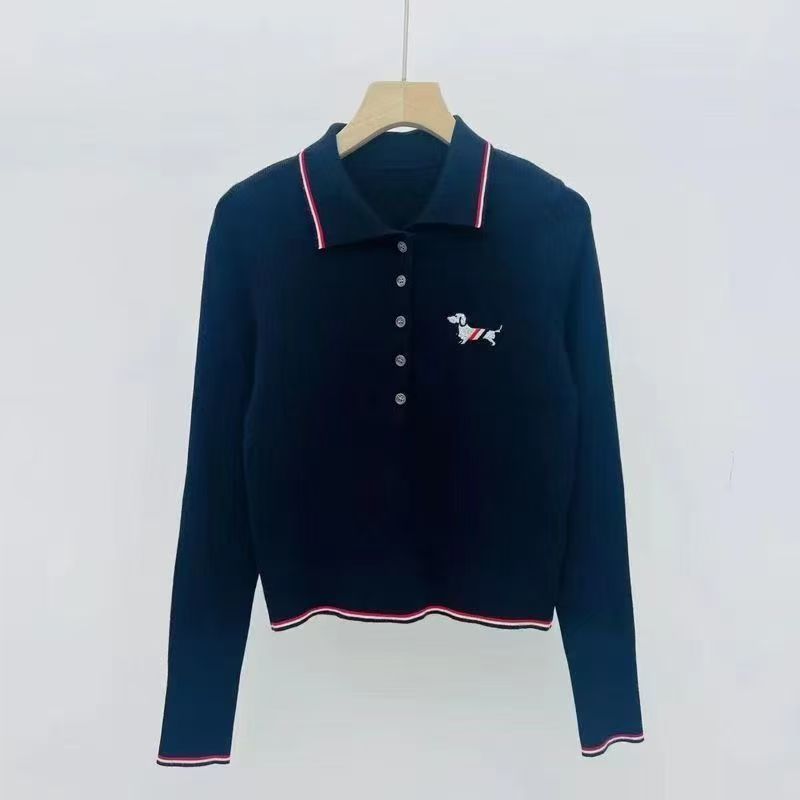 Autumn Winter Fashion Versatile Puppy Embroidery Polo New Style Slimming Long Sleeve Turn-Down Collar Knitted Base Shirt_desvips.com