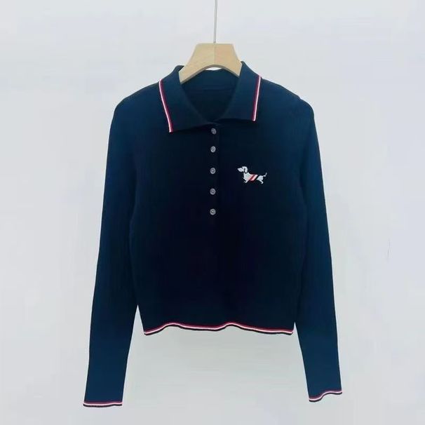 Autumn Winter Fashion Versatile Puppy Embroidery Polo New Style Slimming Long Sleeve Turn-Down Collar Knitted Base Shirt_desvips.com
