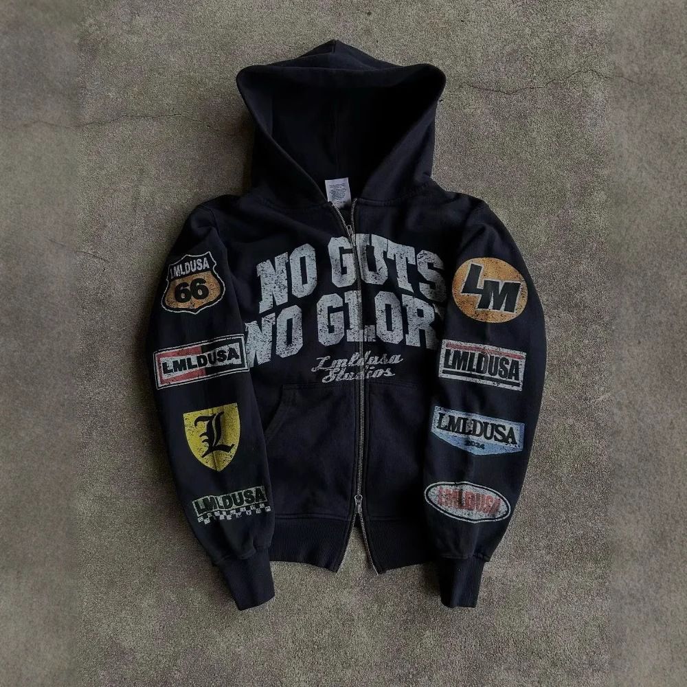 Street Hip Hop Printed Black Zipper Hoodie Y2k Harajuku Jacket Sweatshirt Women_desvips.com