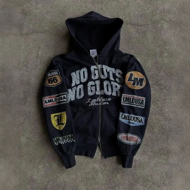 Street Hip Hop Printed Black Zipper Hoodie Y2k Harajuku Jacket Sweatshirt Women_desvips.com