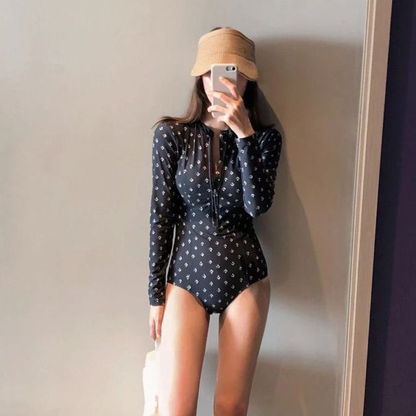 Korean New Sl Belly Covering Sexy Conservative One-piece Swimsuit Long Sleeve Sun Protection Diving Suit Sports_desvips.com