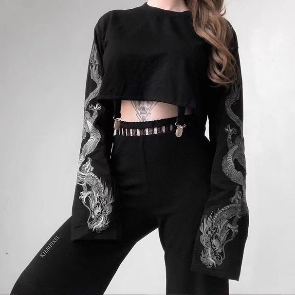 2024 European And American Cross-border Dark Style Dragon Print Long-sleeve Sweatshirt Women, Cropped, Navel-exposed,_desvips.com