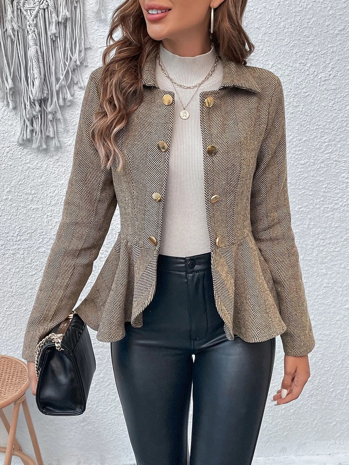 women's lapel jacquard ruffle slim double breasted temperament office blazer for women_desvips.com
