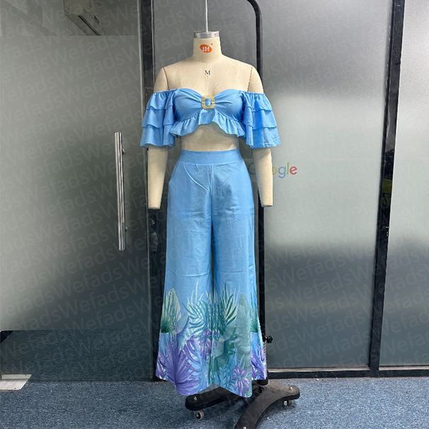 Women's Clothing Two-piece casual off-shoulder solid one-shoulder ruffle sleeves _desvips.com