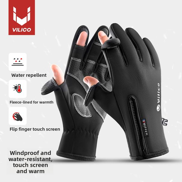 Vilico Outdoor Sports Touchscreen Water-Resistant Fingerless Fishing Fleece PU Leather Cycling Thermal Ski Gloves_desvips.com