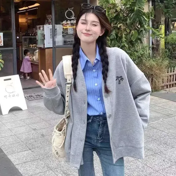 European Spring And Autumn Lazy Style New Korean Version Loose Embroidered Baseball Jacket Cardigan V-Neck Sweatshirt_desvips.com
