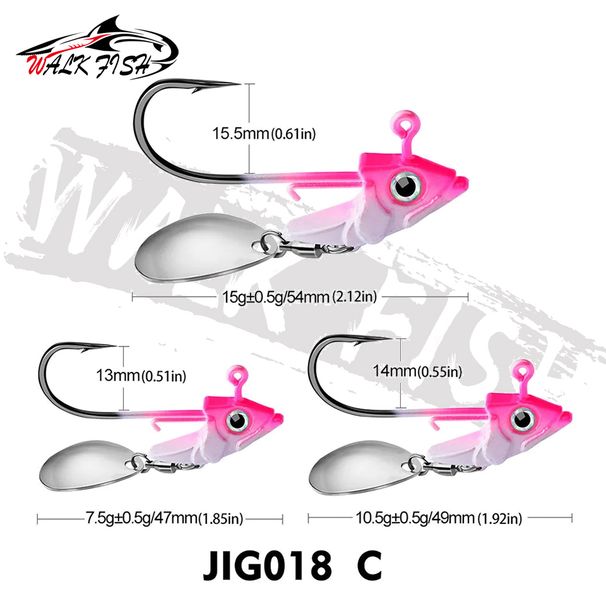 WALK FISH 1Pcs 7.5g 10.5g 15g Bionic Fish Head Fishing Hooks Sharp Tip Sequins Spoon Spinner Soft Bug Hook Trout Sea Fishing_desvips.com