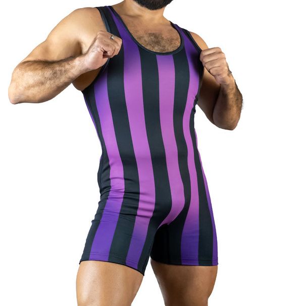 Purple Vertical Stripes Wrestling Singlets Suit Boxing Triathlon One Piece Bodysuit Iron Men Swimwear Gym Sport Fitness_desvips.com