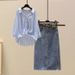 Women's Clothing Summer suit new striped shirt with high waist denim skirt two piece suit_desvips.com
