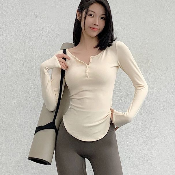 Women's High-Waisted Yoga Top With Buttons, Slim Fit Long Sleeve Workout Shirt, Breathable & Quick-Dry For Gym, Running & Outdoor Sports_desvips.com