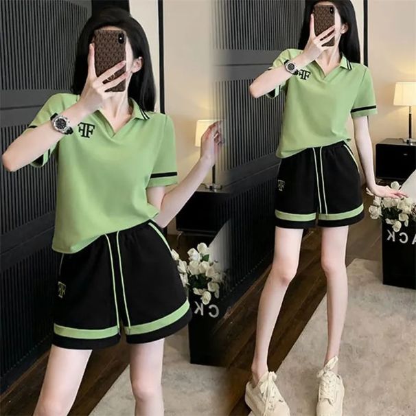 Women's Summer New European High-End Salt Series Polo Collar Short Sleeve Two-Piece Fashion Casual Sportswear Shorts Set_desvips.com