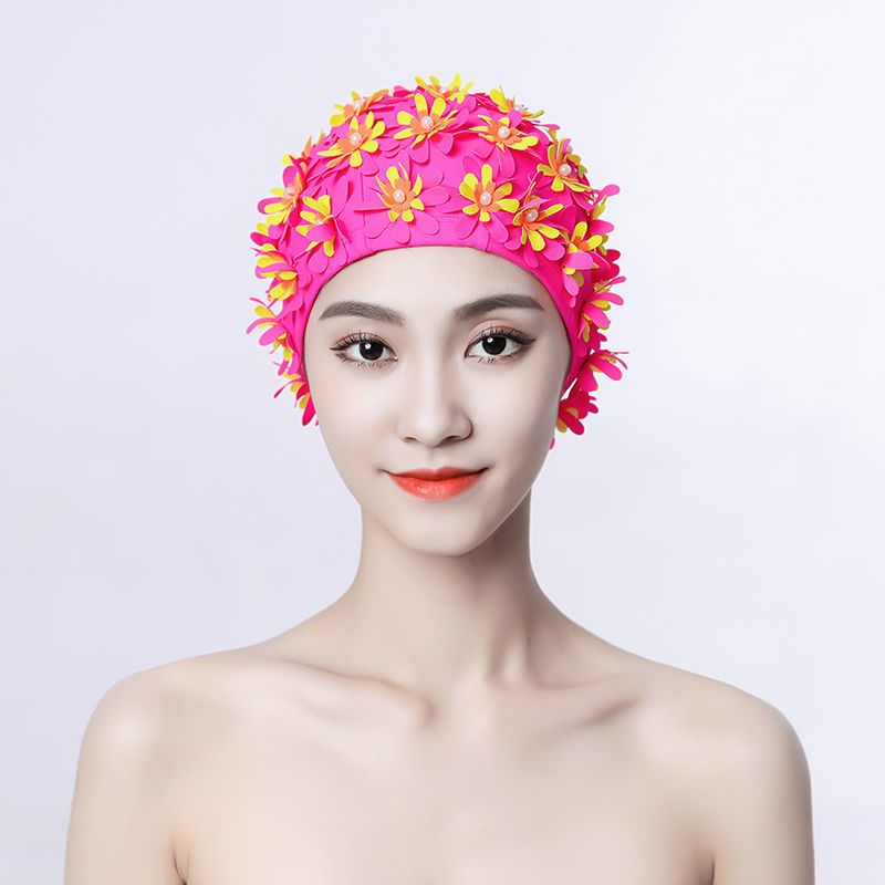 New Women's Swim Cap With Pearl Handmade 3D Stitching, Three-Layer Flower, Non-Tightening, Double-Layer Fabric For_desvips.com