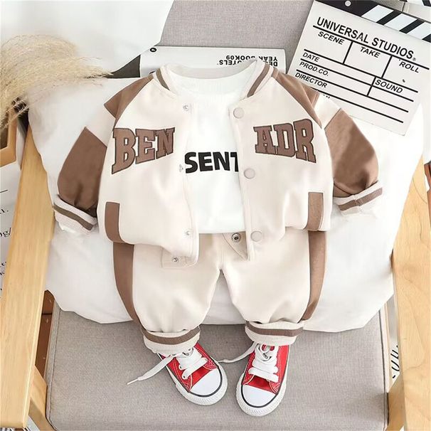 New Stylish Spring And Autumn Baby Outfit, Korean-style Handsome Letter Baseball Jacket Three-piece Set For Toddlers_desvips.com