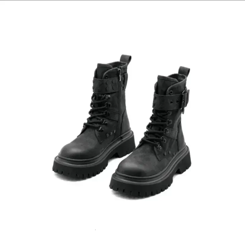Buckled Platform Combat And Chubby High Heels Lace Ankle Womens Side Zippers PU Leather Short Boots 241007_desvips.com