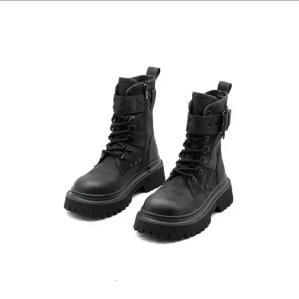 Buckled Platform Combat And Chubby High Heels Lace Ankle Womens Side Zippers PU Leather Short Boots 241007_desvips.com