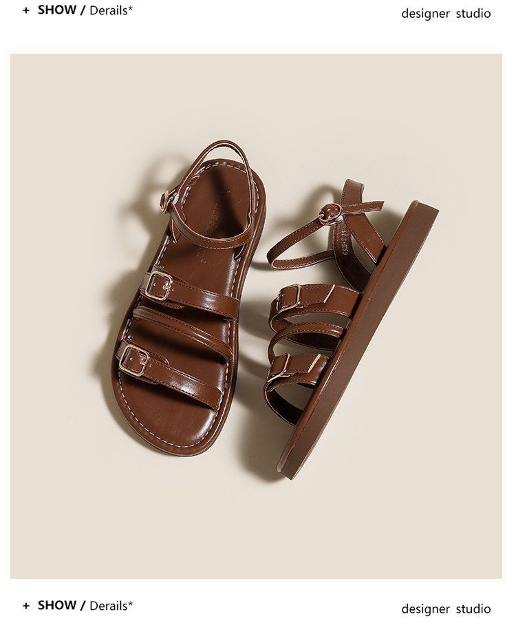 Niche design flat sandals female summer casual retro one word buckle strap open toe round head Roman women's shoes_desvips.com