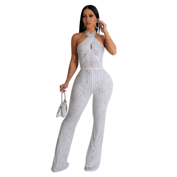Women's solid color hot diamond sleeveless halterneck trousers jumpsuit_desvips.com