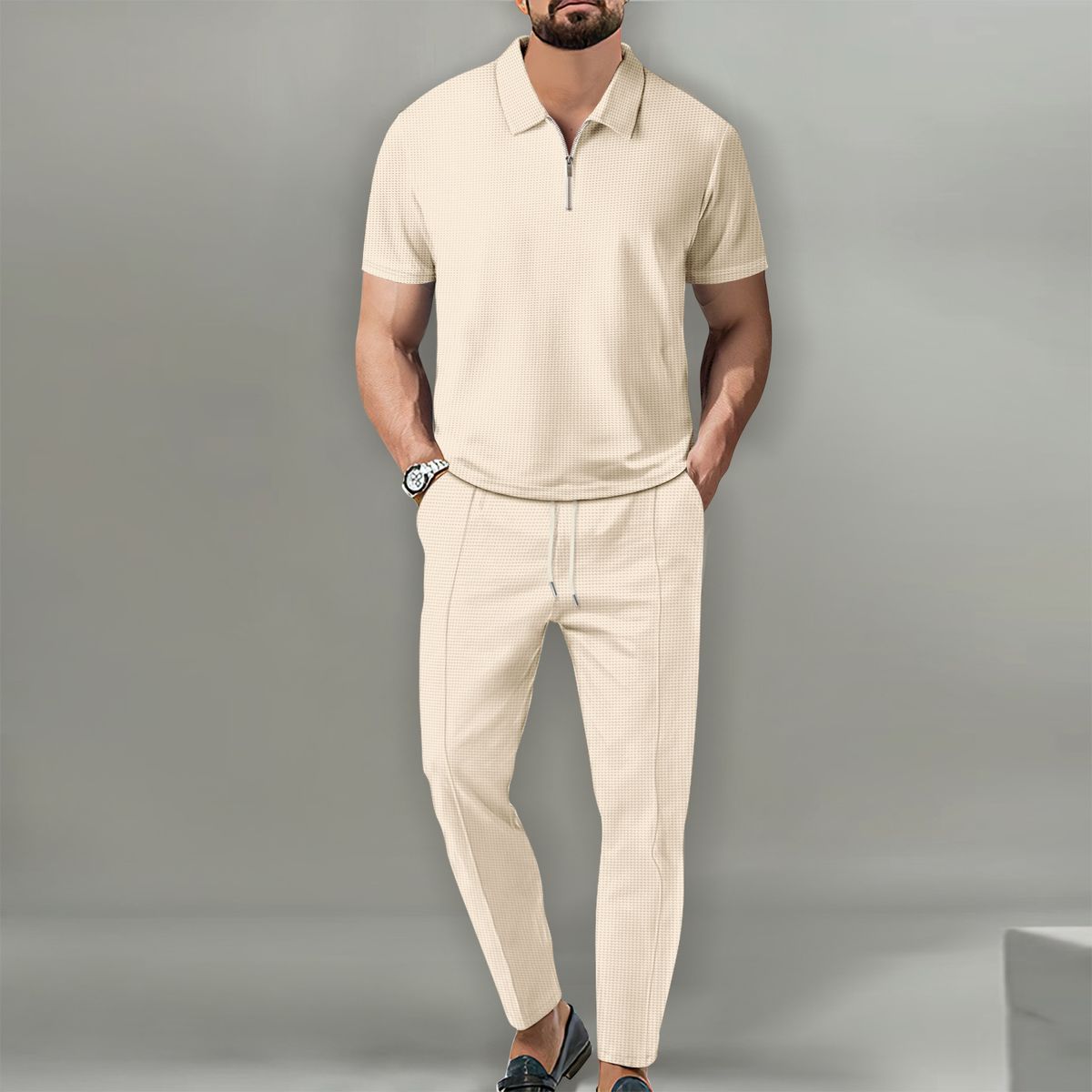 2025 Spring And Autumn New Men's Solid Color Suit Waffle Collar Short Sleeve Zipper Long Pants Set_desvips.com