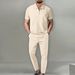 2025 Spring And Autumn New Men's Solid Color Suit Waffle Collar Short Sleeve Zipper Long Pants Set_desvips.com