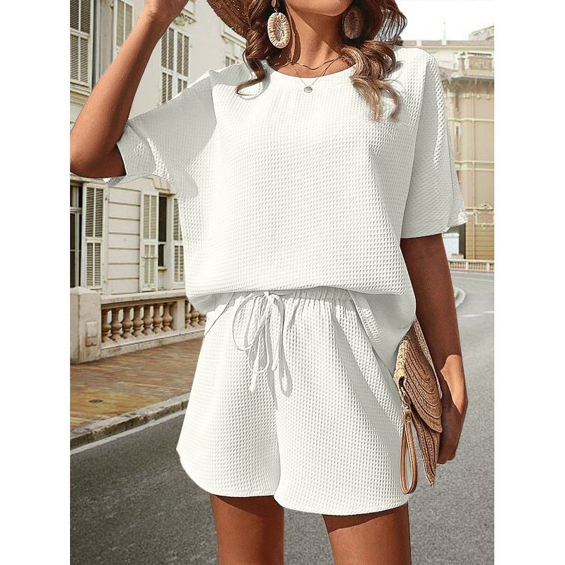 Holiday Daily Women's Simple Style Solid Color Polyester Jacquard Shorts Sets Shorts Sets_desvips.com