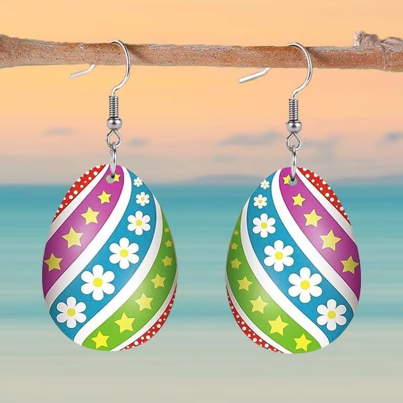 Cross-border Best-selling Easter Egg Earrings, 2D Flat Acrylic Creative Colorful Flower And Star Pattern Earrings_desvips.com