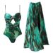 Surge 2024 European American Swimwear New Green Ink Print Hollow Out Swimsuit And Split Umbrella Skirt Vacation Set 25149_desvips.com