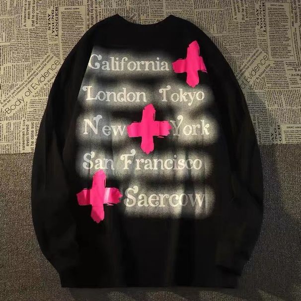 100% Cotton Autumn New American High Street Cross Long Sleeve T-Shirt Unisex Loose Ins Trendy Brand Top_desvips.com