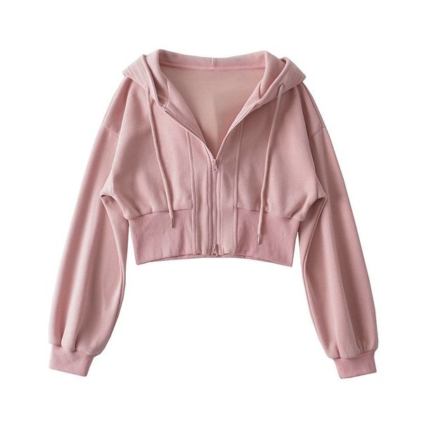 European And American Style Short Double Zipper Hooded Sweatshirt For Women, Solid Color Loose Fit Sports High Waist_desvips.com
