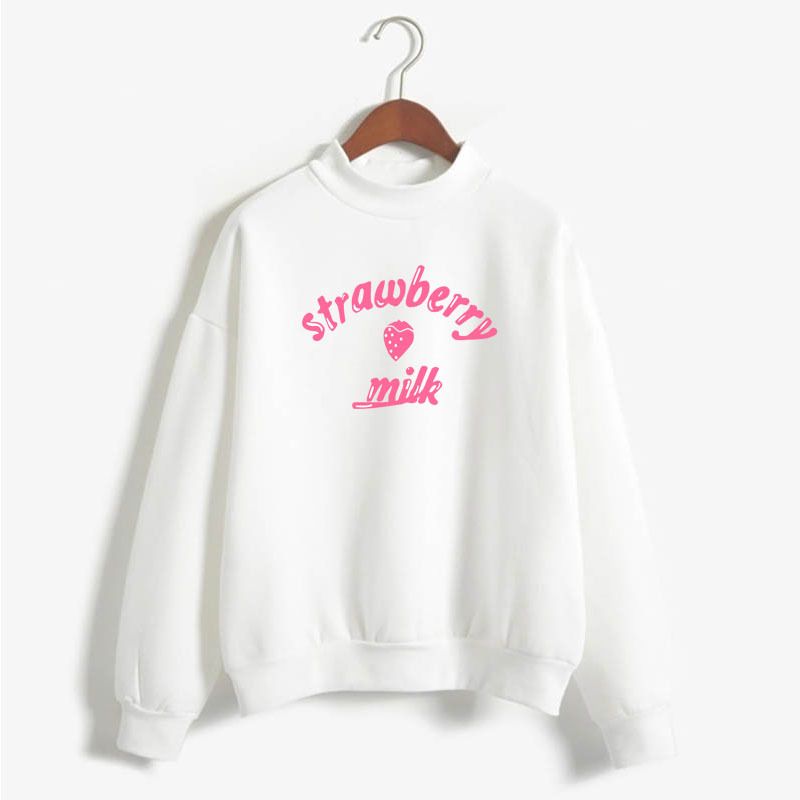 New Strawberry Milk Text Print Simple Harajuku Hoodie Long Sleeve Mid-Neck Sweatshirt_desvips.com