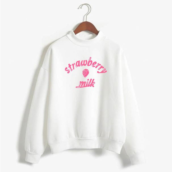 New Strawberry Milk Text Print Simple Harajuku Hoodie Long Sleeve Mid-Neck Sweatshirt_desvips.com