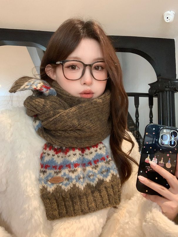 2025 Retro Fair Isle Style Jacquard Knitted Wool Scarf For Women, Autumn Winter Korean Style, Versatile And Warm Neck_desvips.com