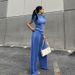 Women's Clothing slim T-shirt high waist blue pleated mopping pants casual _desvips.com