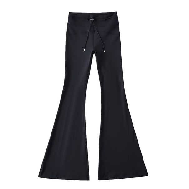 RenMou Autumn New Wide Edge High Solid Color Elastic Cotton Tight Yoga Pants Bellbottom Waist Drawstring Strap Exclusive Supply_desvips.com