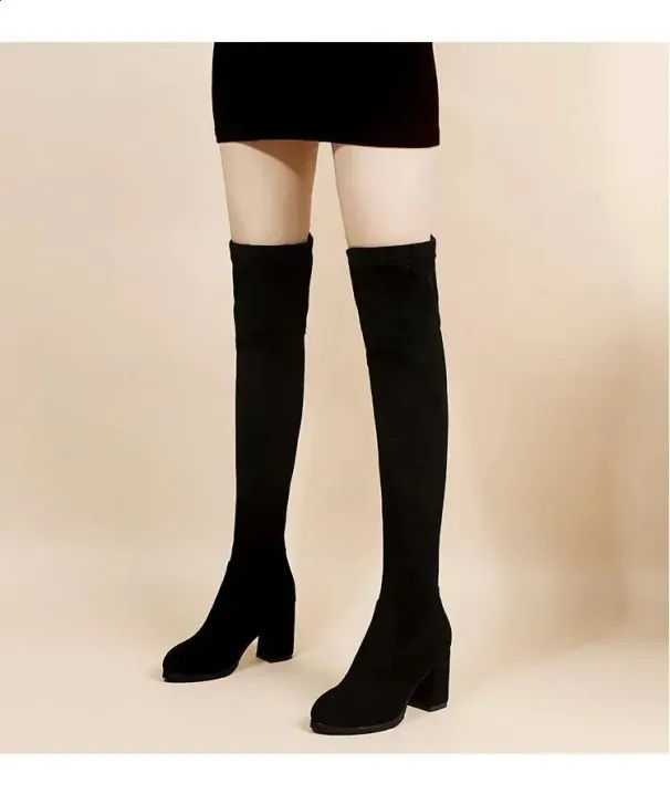 artificial Suede Autumn Zipper Elastic Knee Boots Womens Lace High Heels Black Botas Drone 240911_desvips.com