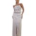 women's clothing retro washed distred halter neck svel lapel raw edge denim top slit slim skirt two piece set_desvips.com