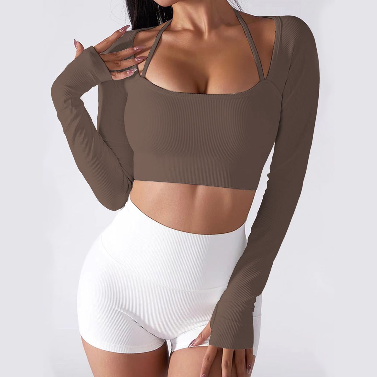 Spring/Summer Women's Halter Neck Long Sleeve Yoga Wear Tight Ribbed Slimming Sports Bra Fitness Top_desvips.com