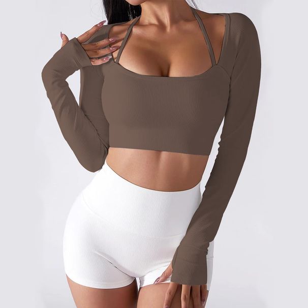 Spring/Summer Women's Halter Neck Long Sleeve Yoga Wear Tight Ribbed Slimming Sports Bra Fitness Top_desvips.com