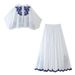 Women's ClothingFashion Contrast Embroidered Shirt + Skirt Set Women_desvips.com