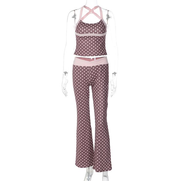 French Style Women's 2026 Summer New Fashion Hot Girl Polka Dot Tank Top Low Waist Color Block Long Pants Set_desvips.com