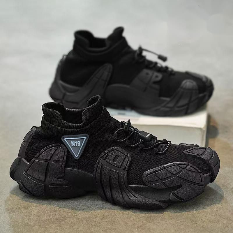 Cross-Border Men's New Thick-Soled Lightweight Flyknit Sock Mouth Casual Shoes Youth Fashion Color-Block Sneakers_desvips.com