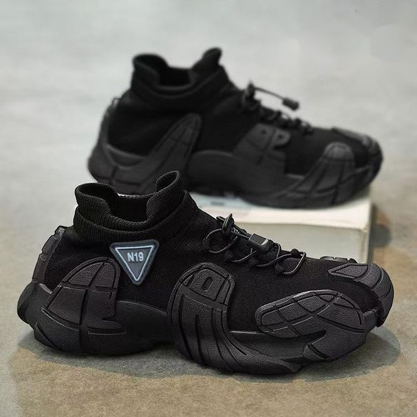 Cross-Border Men's New Thick-Soled Lightweight Flyknit Sock Mouth Casual Shoes Youth Fashion Color-Block Sneakers_desvips.com