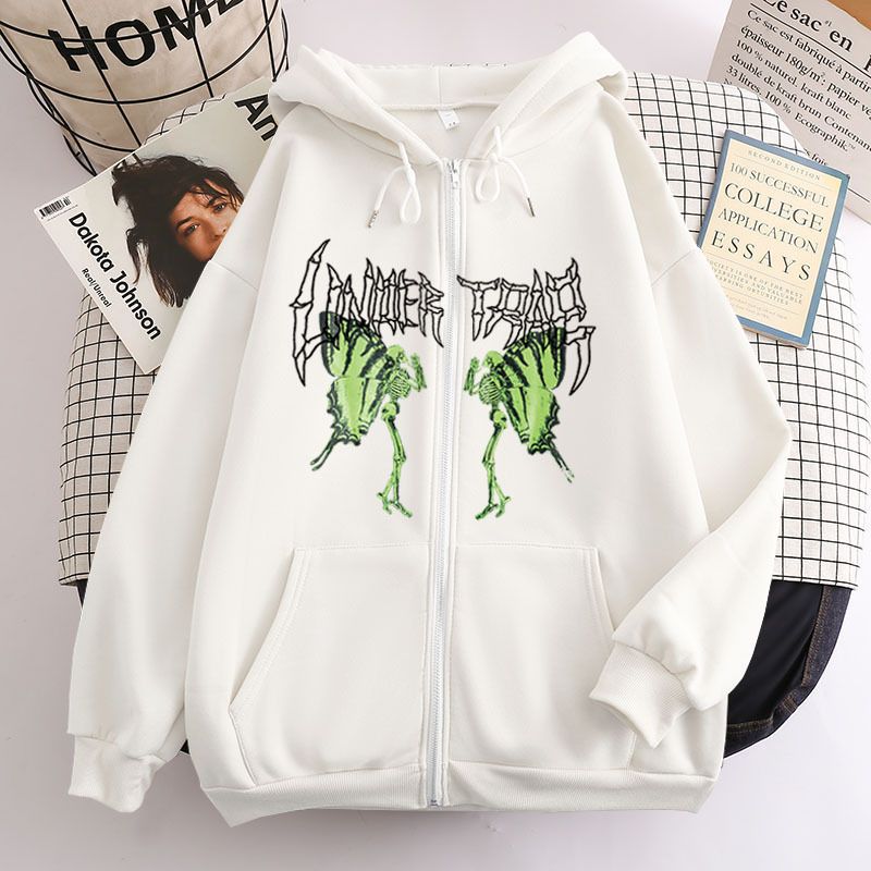 Skull Butterfly Street Hip Hop Gothic Harajuku Y2k Black Zipper Double Layer Hoodie Women's Jacket Sweatshirt_desvips.com