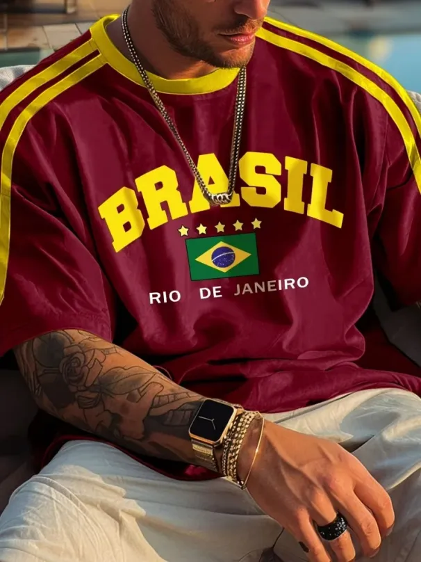 Fashion Brasil Letter Printed Men's Short Sleeve T-shirt Summer Sports Style Oversize T Shirts Hot Selling Unisex Tee_desvips.com