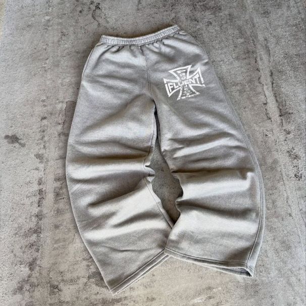 Simple Solid Color Personality Street Pattern Printed Sweatpants Unisex Elastic Waist Loose Casual Long Pants_desvips.com