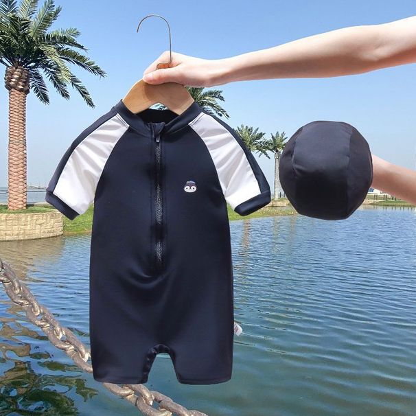 Children's Boys Short Sleeve Sun Protection Quick-Dry One-Piece Swimsuit Hot Spring Hooded Set Baby Toddler Swimwear_desvips.com