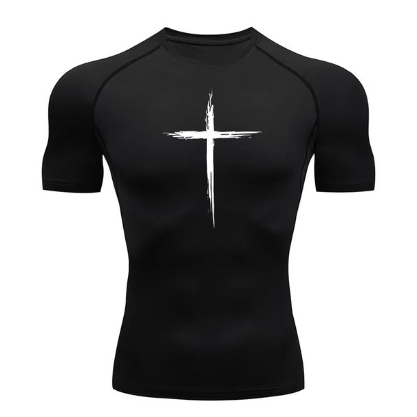 Cross Print Compression Shirt For Men Athletic Tees Tops Gym Workout Running Baselayers Undershirts Sportswear JW118_desvips.com