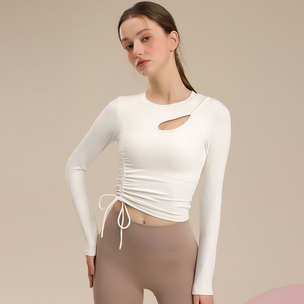 Pleated Drawstring Yoga Shirt With Chest Pads For Women, Hollow Breathable Fitness Outerwear, Slimming Long Sleeve_desvips.com